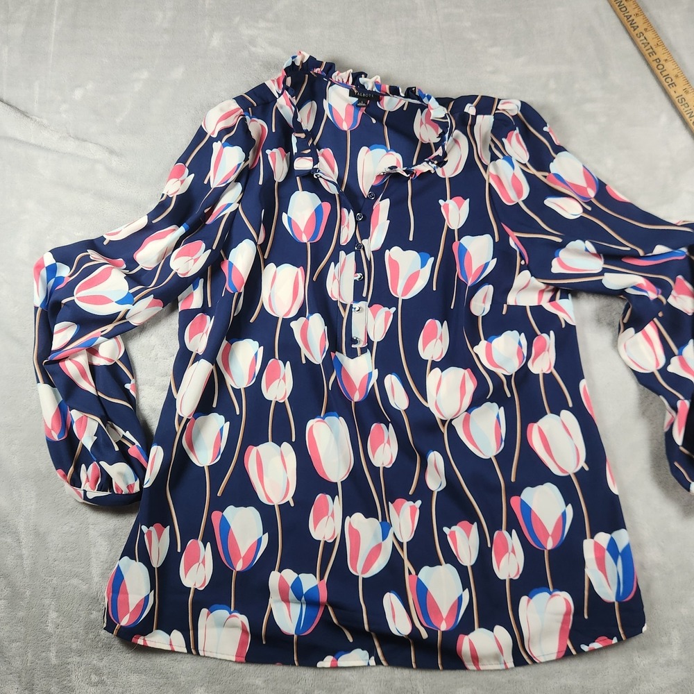 Talbots Women's LP Navy Blue Tulip Print Ruffled Popover Blouse‎ Cottagecore